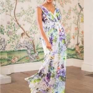 Seraphine Luxe Felicity Floral Silk Maternity Maxi Dress Watercolor Size 8